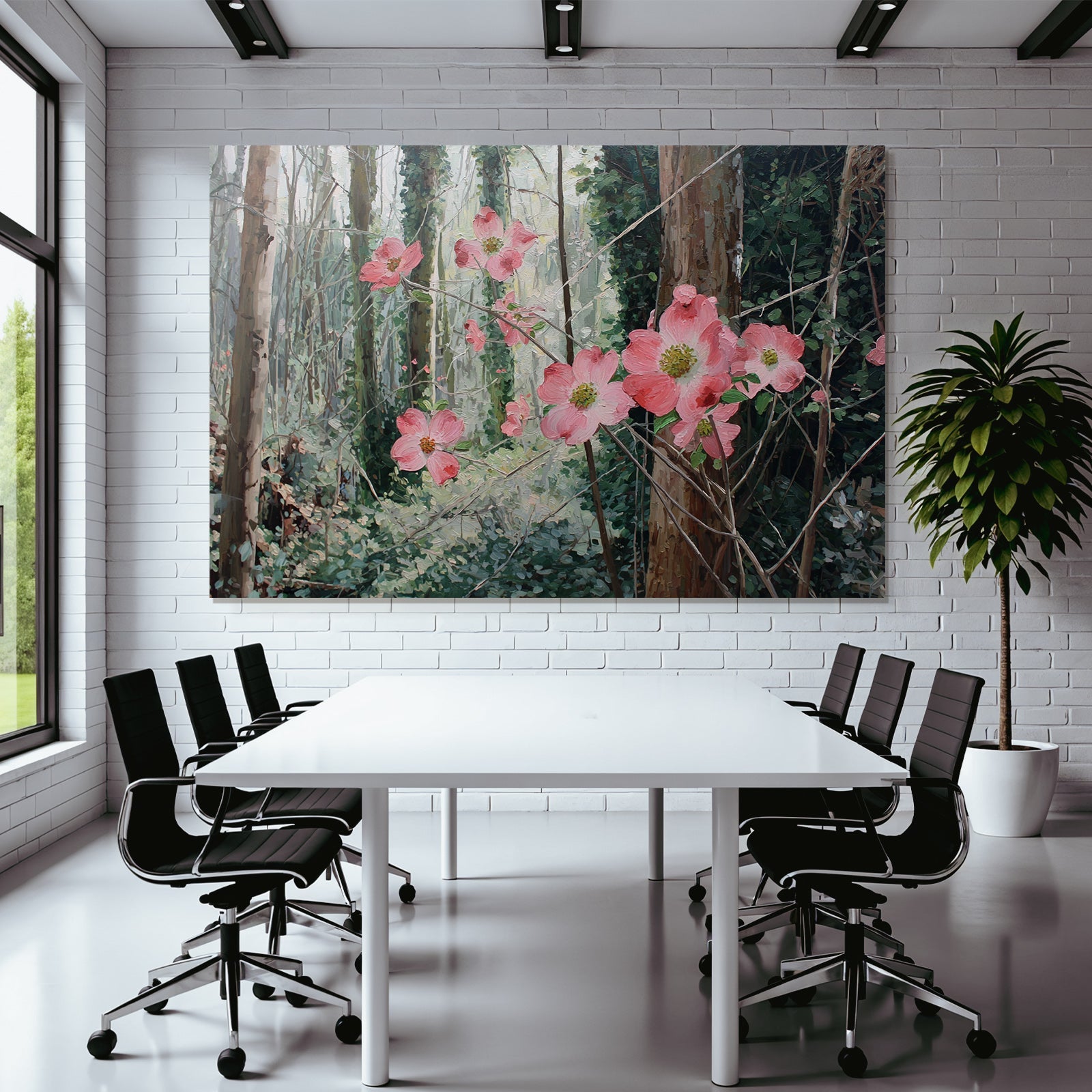 Friedlicher Wald Mit Rosa Blumen Impressionistisches Kunstwerk