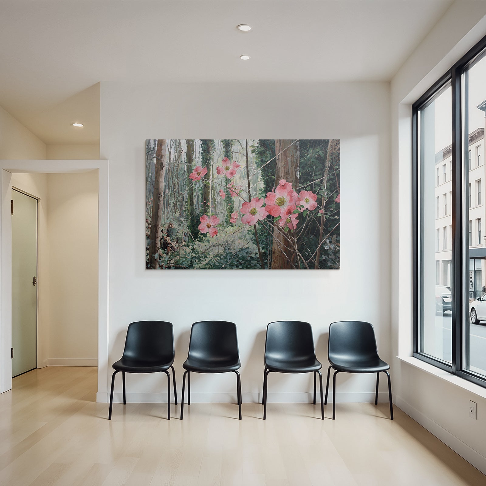 Friedlicher Wald Mit Rosa Blumen Impressionistisches Kunstwerk