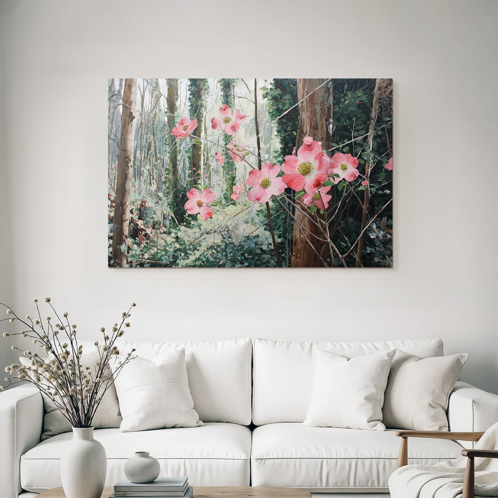 Friedlicher Wald Mit Rosa Blumen Impressionistisches Kunstwerk