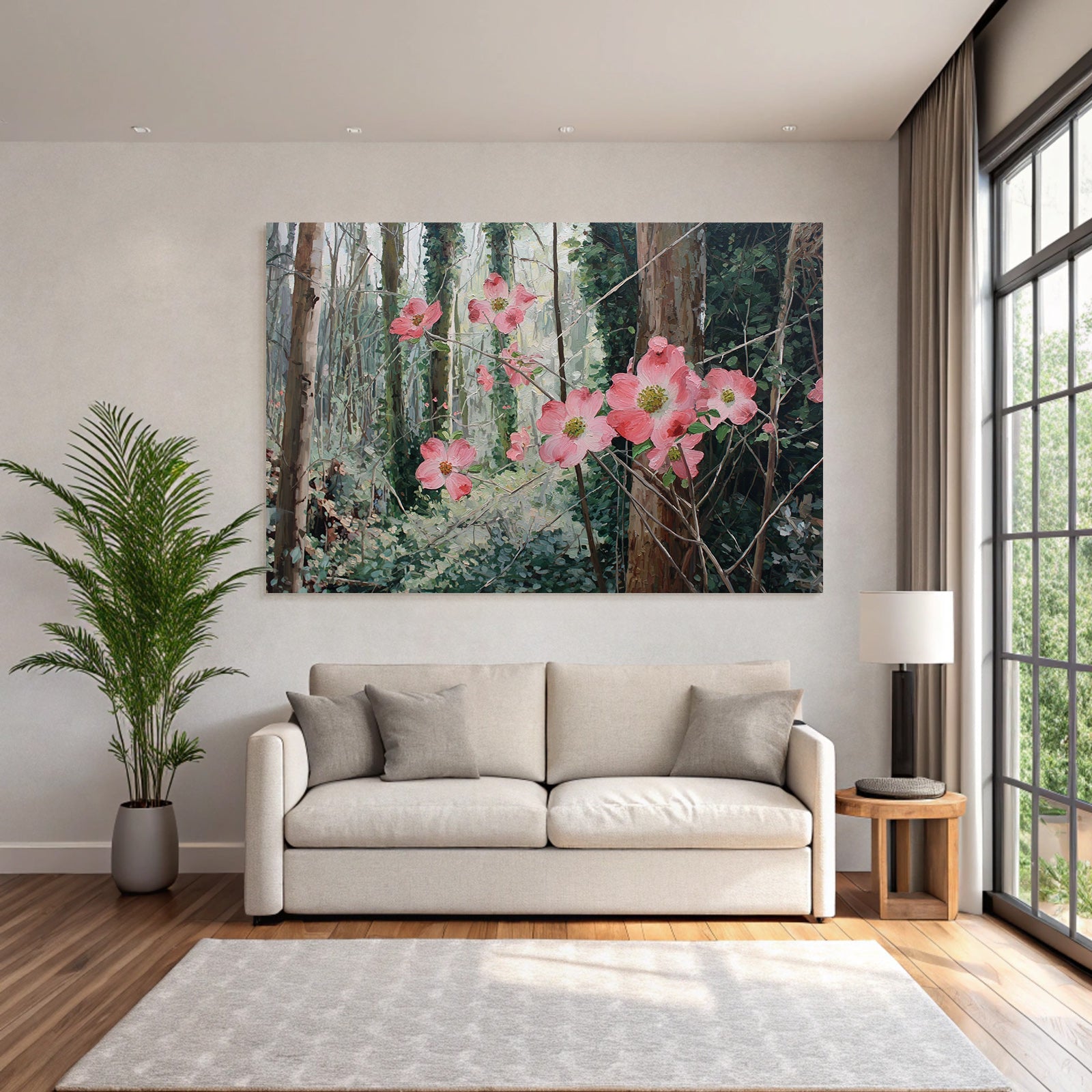 Friedlicher Wald Mit Rosa Blumen Impressionistisches Kunstwerk