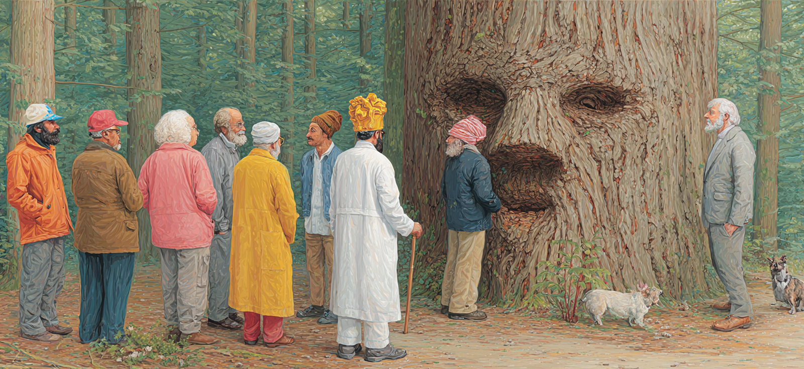 Gruppe Von Menschen Im Wald Vor Einem Gesicht Auf Einem Baum | Humor und Schraeges | Themen und Hobbys