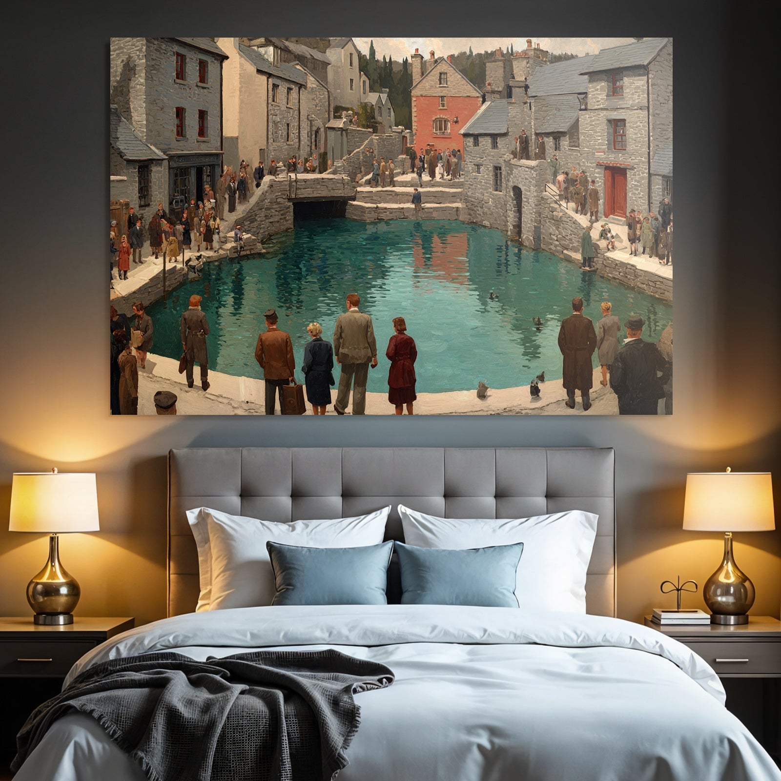 Historisches Dorf Szenen Am Wasser Mit Leuten In Vintage Kleidung