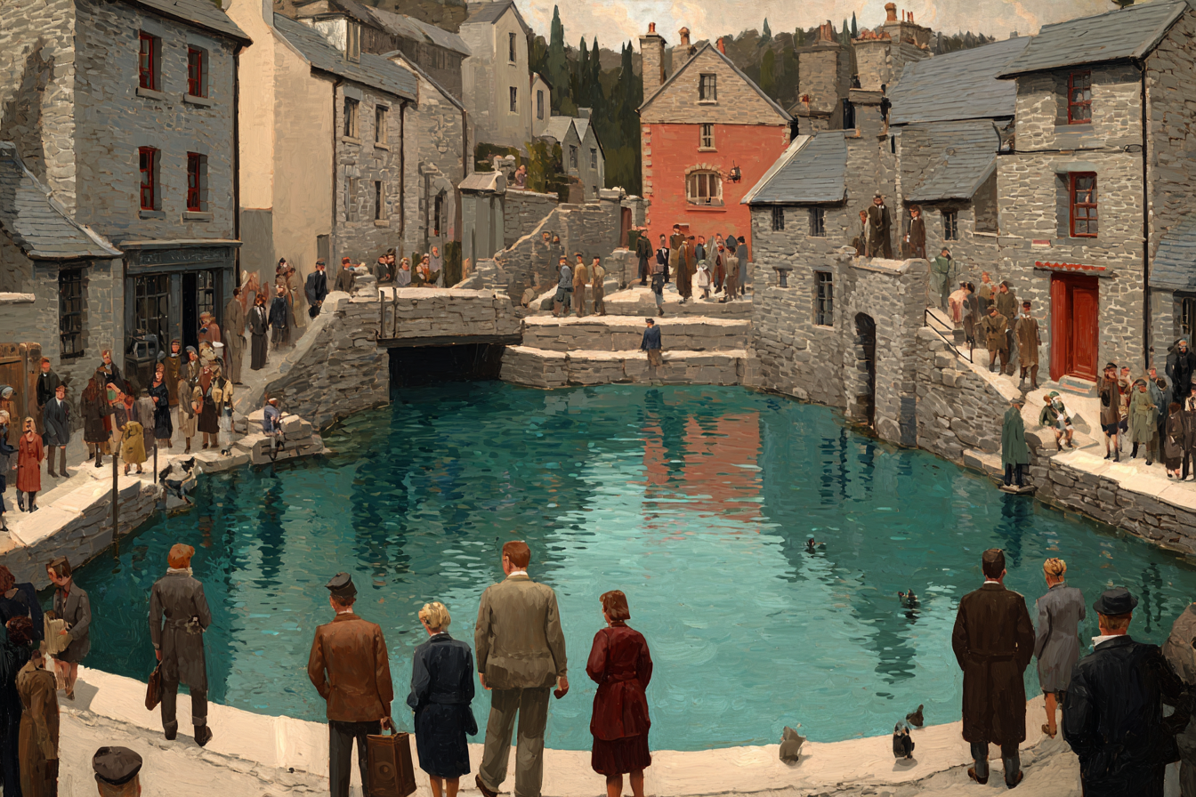 Historisches Dorf Szenen Am Wasser Mit Leuten In Vintage Kleidung | Humor und Schraeges | Themen und Hobbys