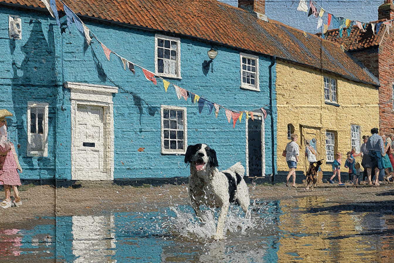 Hund Im Spritzenden Wasser Vor Bunten Häusern Festliche Stimmung | Humor und Schraeges | Themen und Hobbys