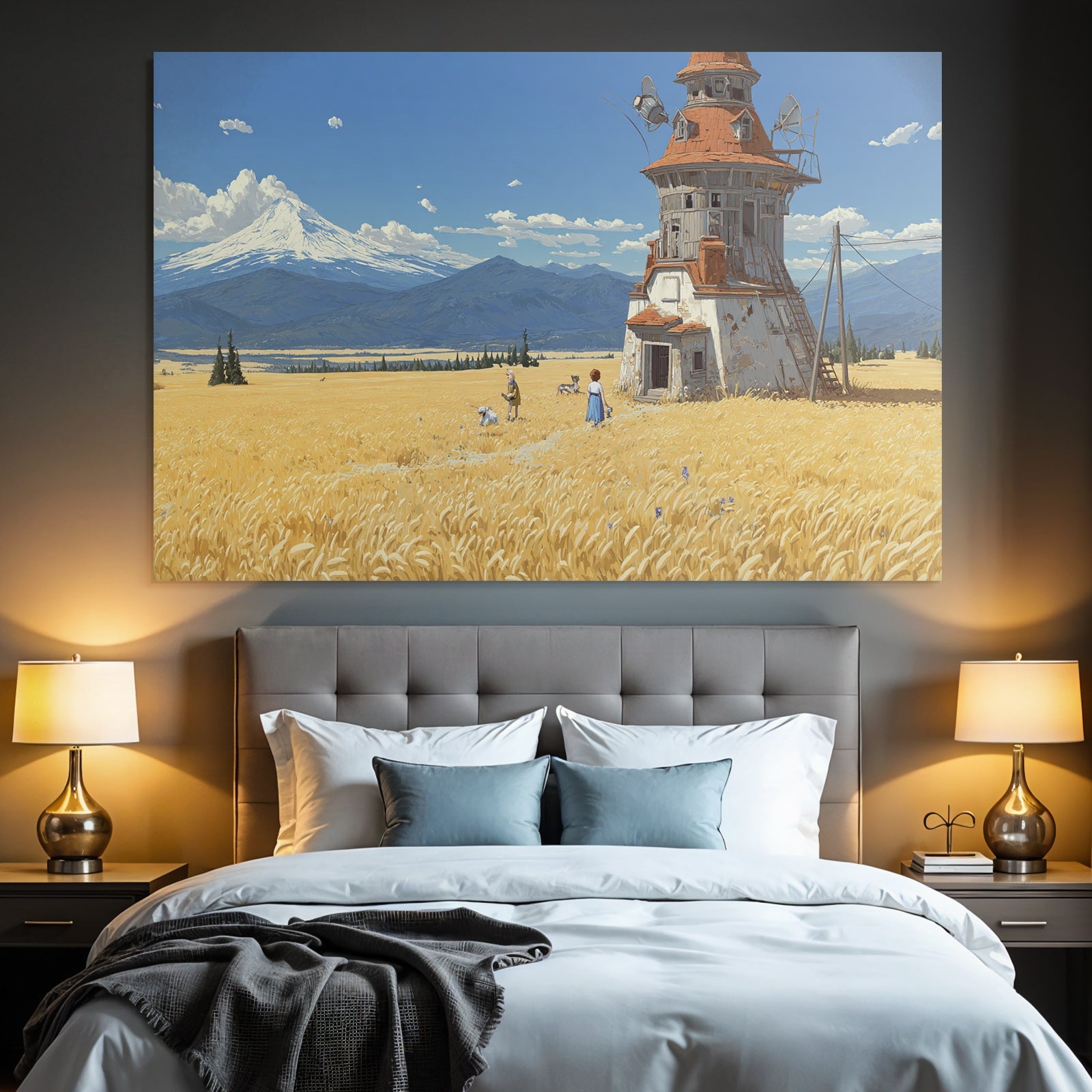 Idyllische Landlandschaft Mühle Goldene Felder Hunde Mountains Sky