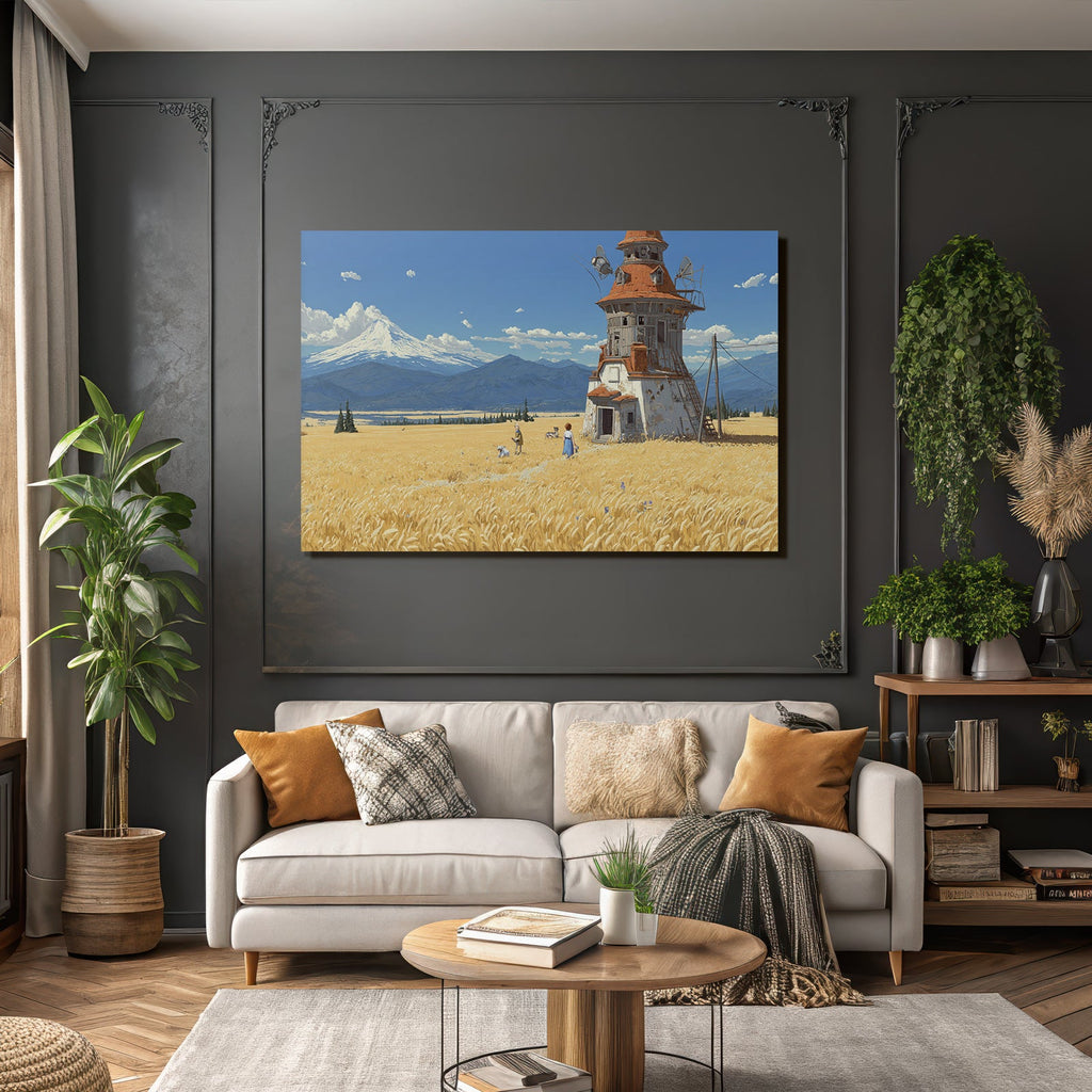 Idyllische Landlandschaft Mühle Goldene Felder Hunde Mountains Sky