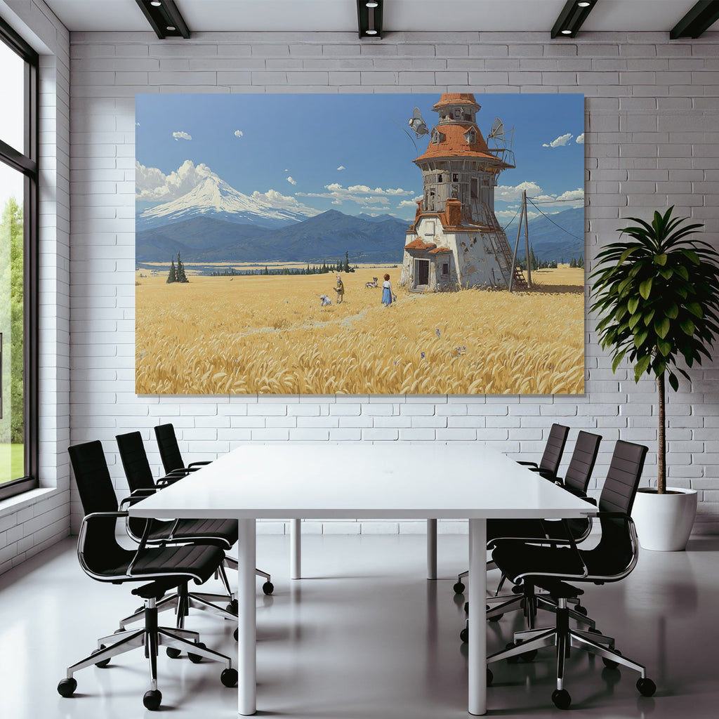 Idyllische Landlandschaft Mühle Goldene Felder Hunde Mountains Sky