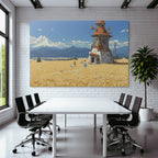 Idyllische Landlandschaft Mühle Goldene Felder Hunde Mountains Sky
