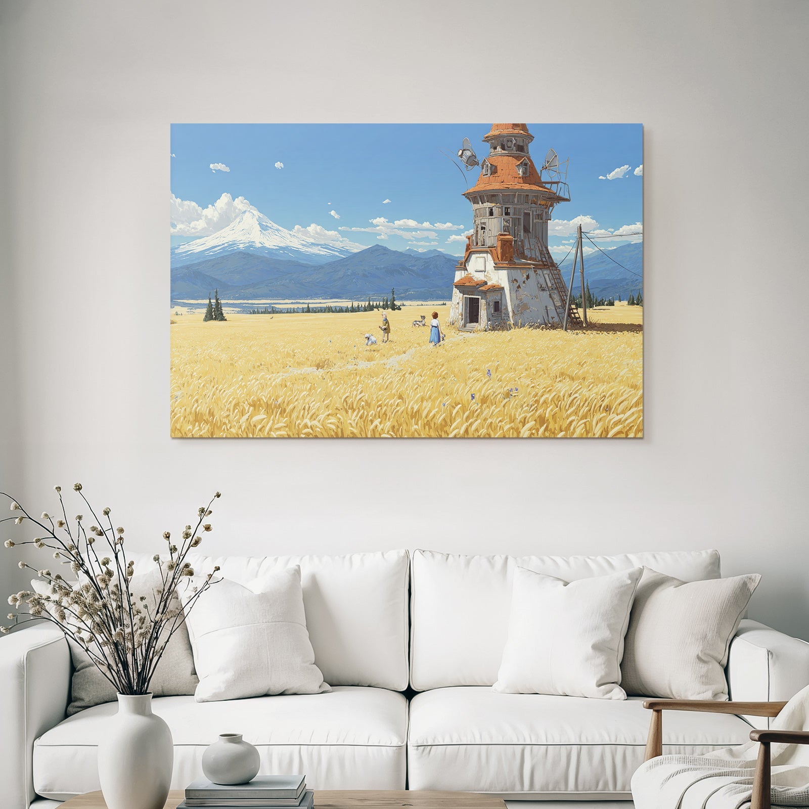 Idyllische Landlandschaft Mühle Goldene Felder Hunde Mountains Sky