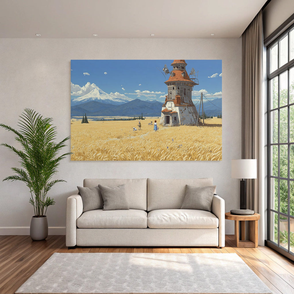Idyllische Landlandschaft Mühle Goldene Felder Hunde Mountains Sky