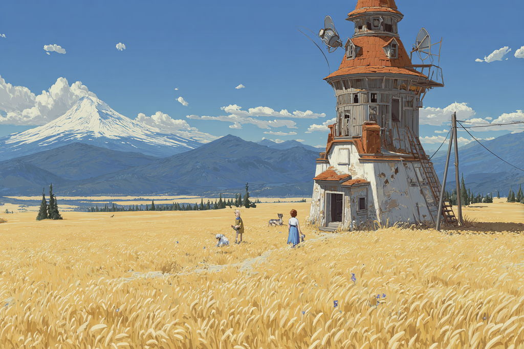 Idyllische Landlandschaft Mühle Goldene Felder Hunde Mountains Sky | Humor und Schraeges | Themen und Hobbys