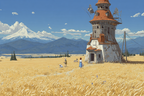Idyllische Landlandschaft Mühle Goldene Felder Hunde Mountains Sky | Humor und Schraeges | Themen und Hobbys