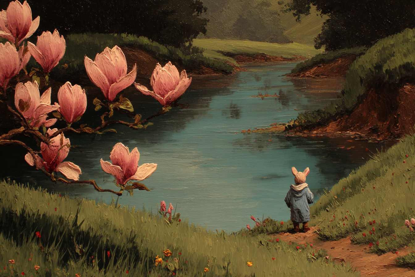 Kleines Kreatur Neben Fluss Umgeben Von Blumen Grünen Wälder | Humor und Schraeges | Themen und Hobbys