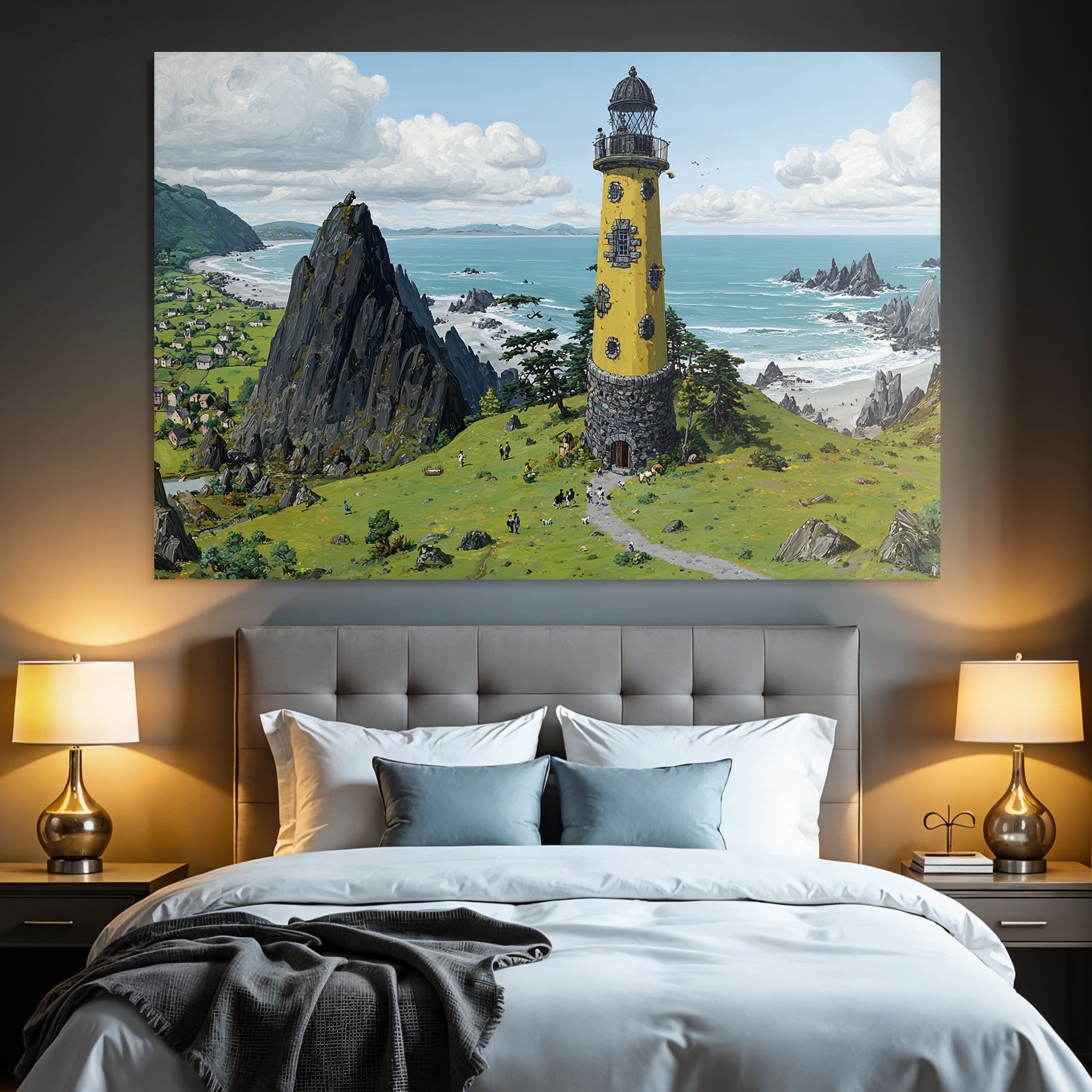 Küstenlandschaft Mit Leuchtturm Und Ziegen In Bunter Kunst Auf Hoher Klippe