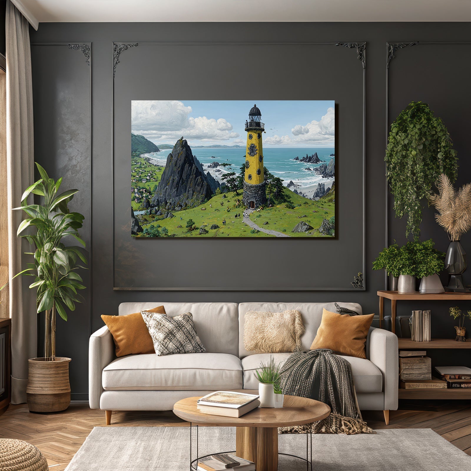 Küstenlandschaft Mit Leuchtturm Und Ziegen In Bunter Kunst Auf Hoher Klippe