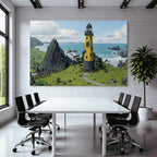 Küstenlandschaft Mit Leuchtturm Und Ziegen In Bunter Kunst Auf Hoher Klippe