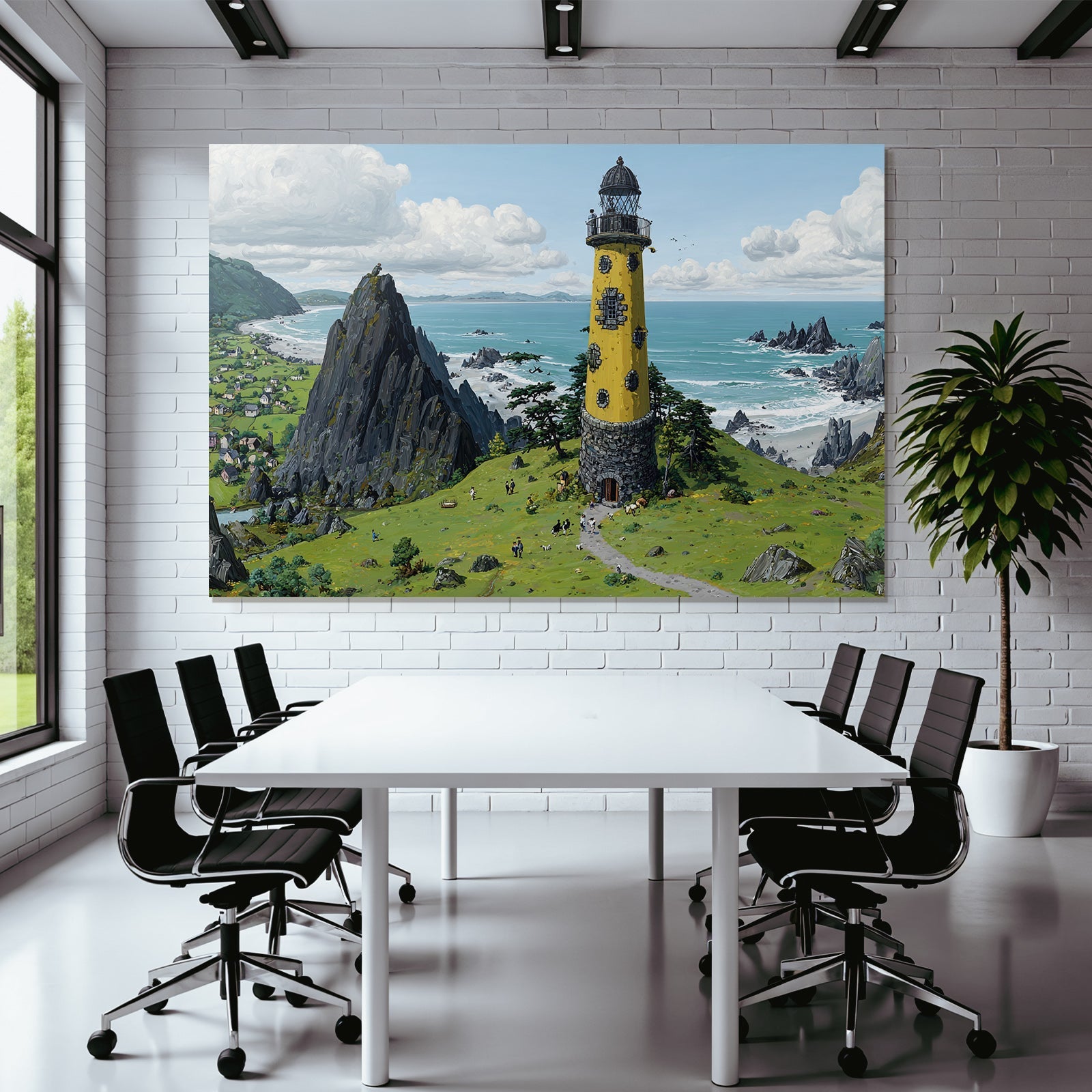 Küstenlandschaft Mit Leuchtturm Und Ziegen In Bunter Kunst Auf Hoher Klippe