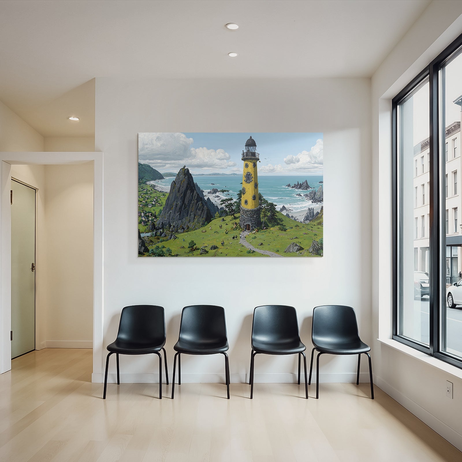Küstenlandschaft Mit Leuchtturm Und Ziegen In Bunter Kunst Auf Hoher Klippe