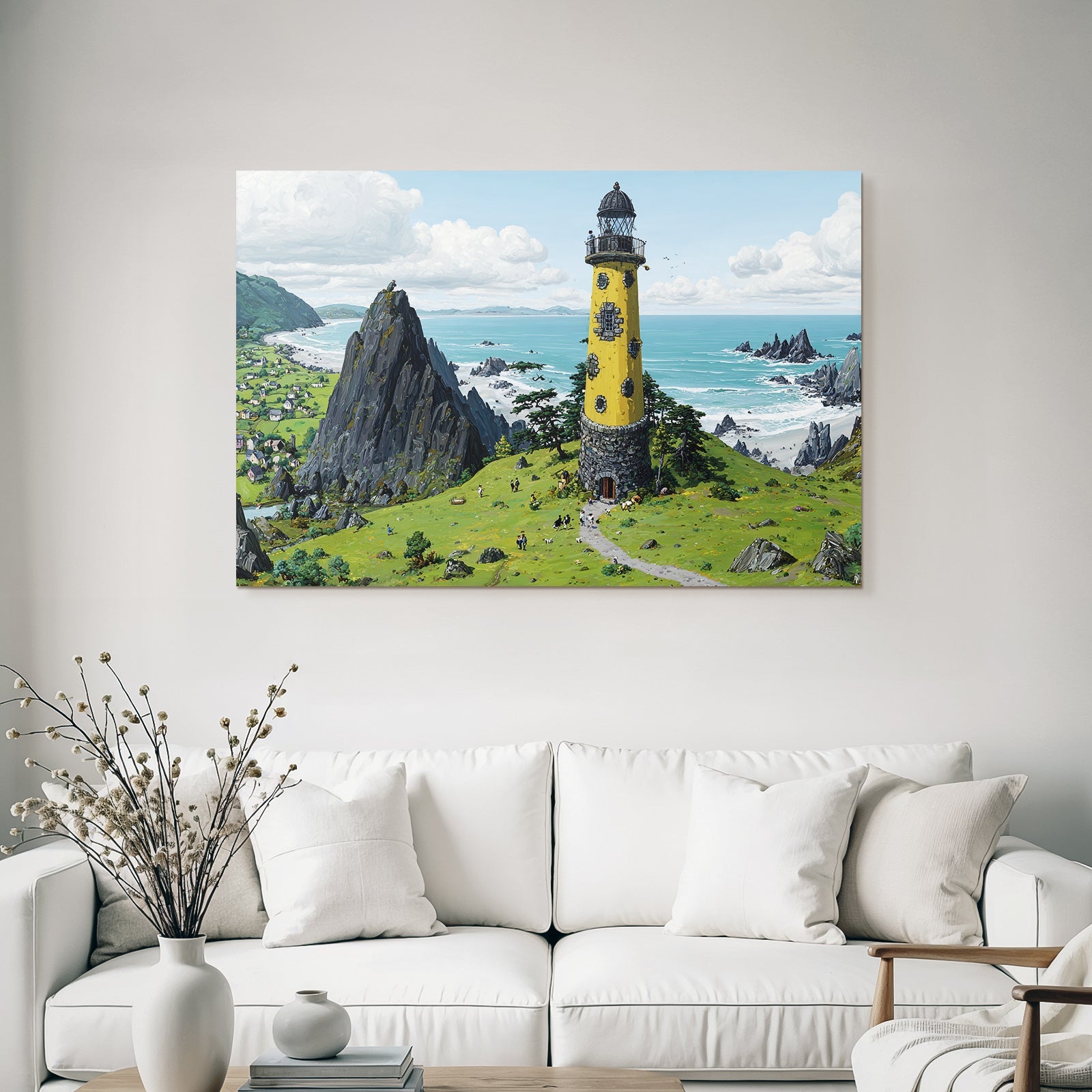 Küstenlandschaft Mit Leuchtturm Und Ziegen In Bunter Kunst Auf Hoher Klippe