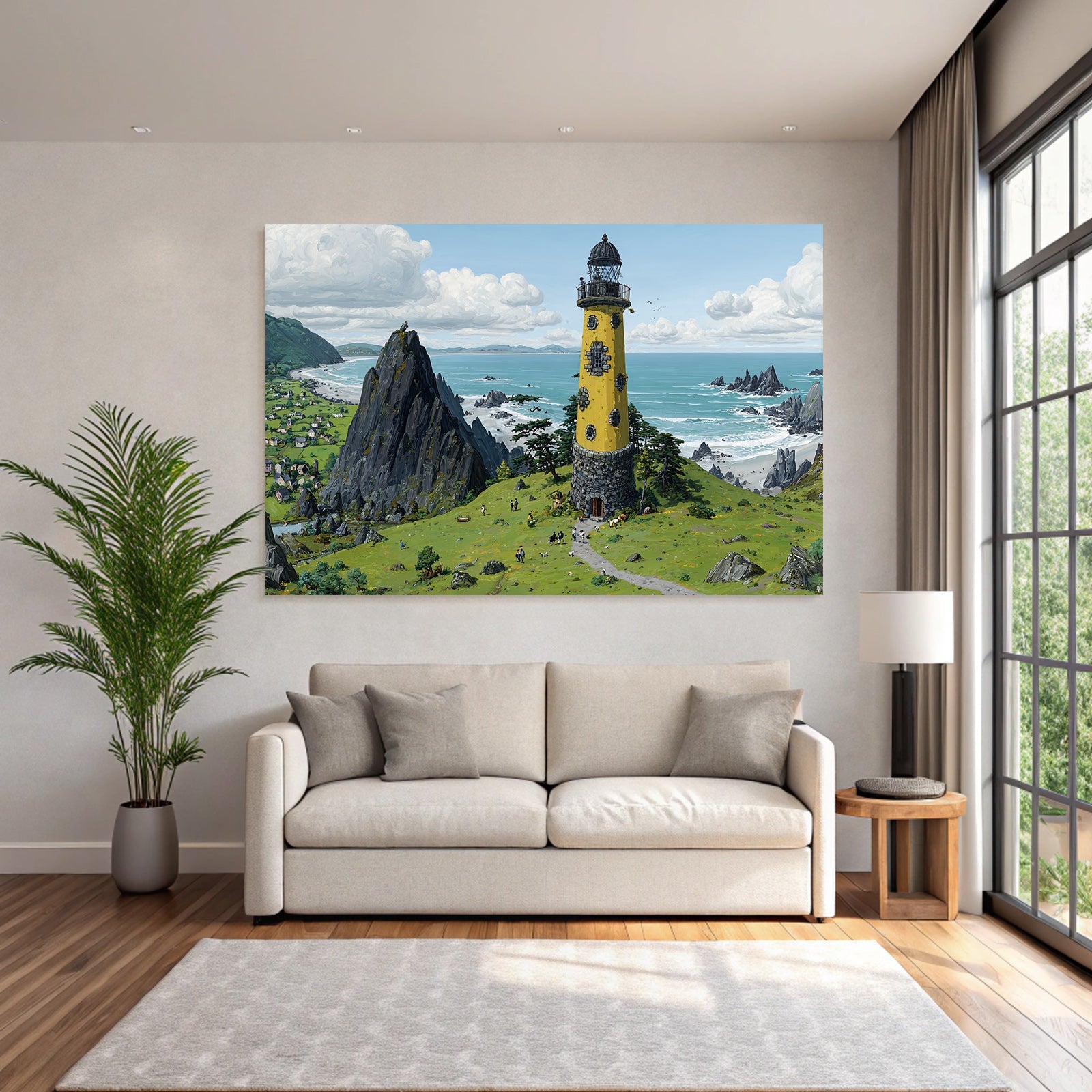 Küstenlandschaft Mit Leuchtturm Und Ziegen In Bunter Kunst Auf Hoher Klippe