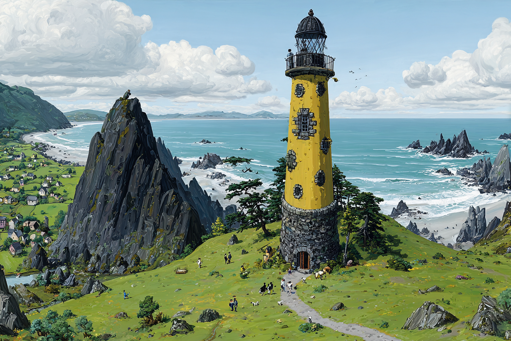 Küstenlandschaft Mit Leuchtturm Und Ziegen In Bunter Kunst Auf Hoher Klippe | Humor und Schraeges | Themen und Hobbys