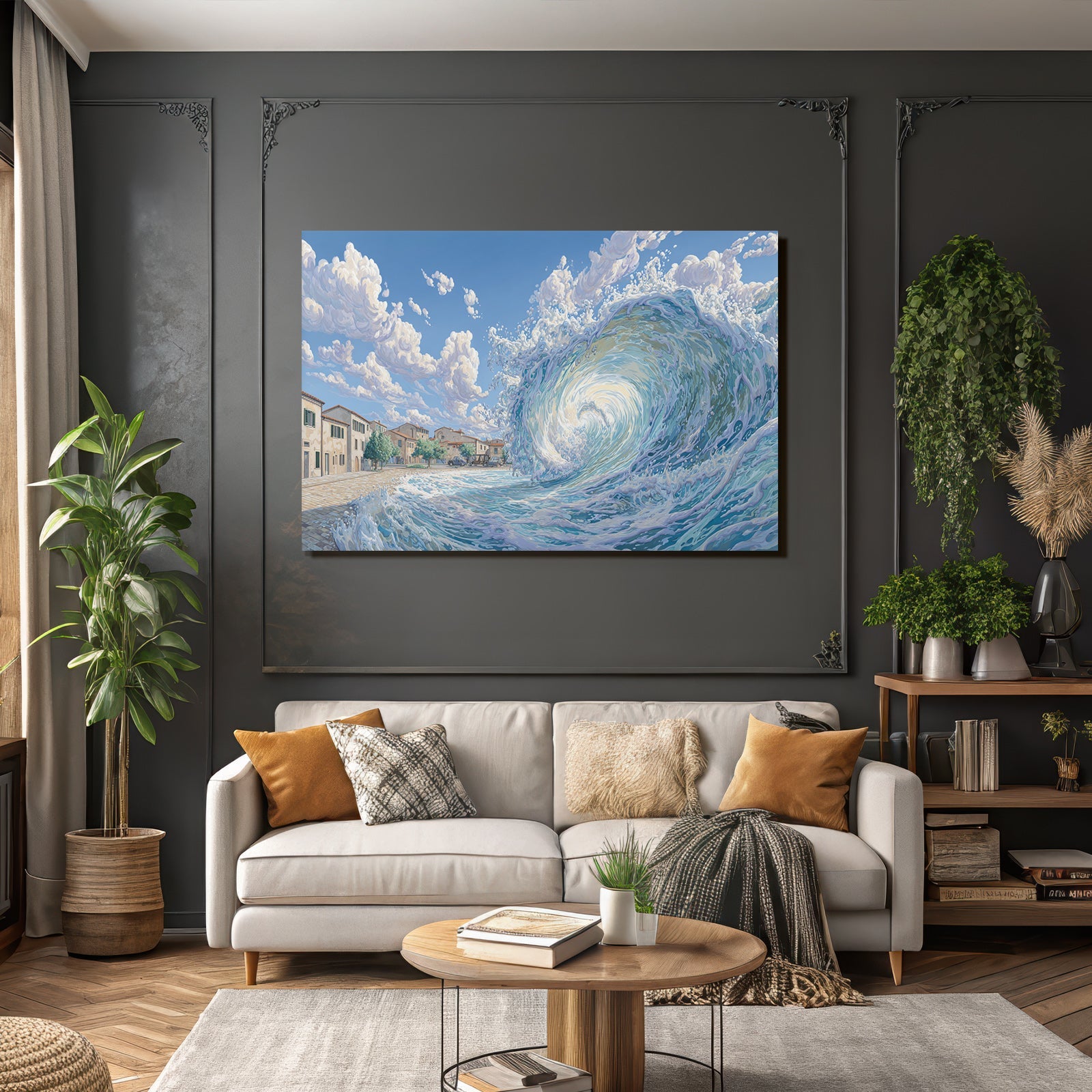 Küstenlandschaft Welle Und Stadt Szene Realismus Fantasie