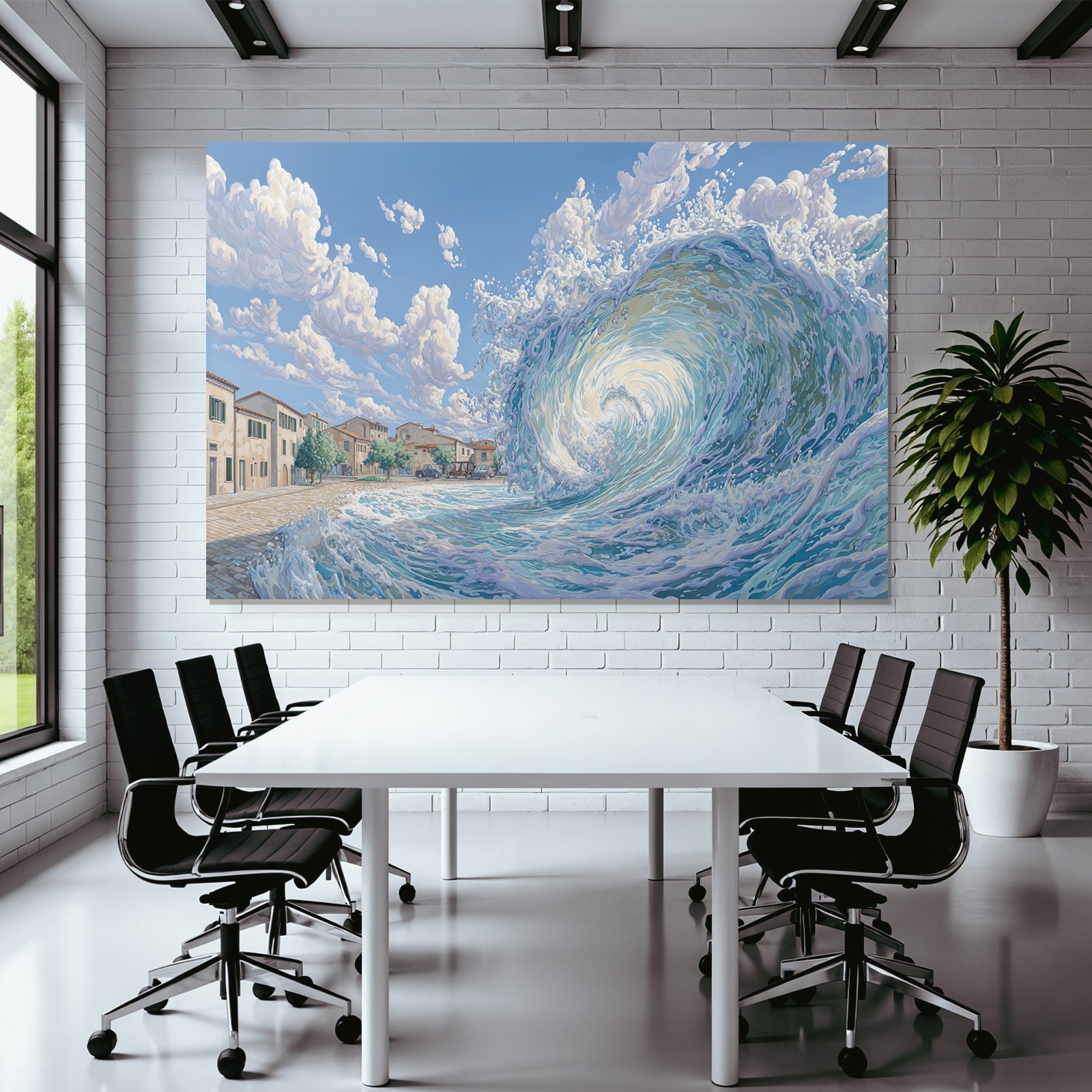 Küstenlandschaft Welle Und Stadt Szene Realismus Fantasie
