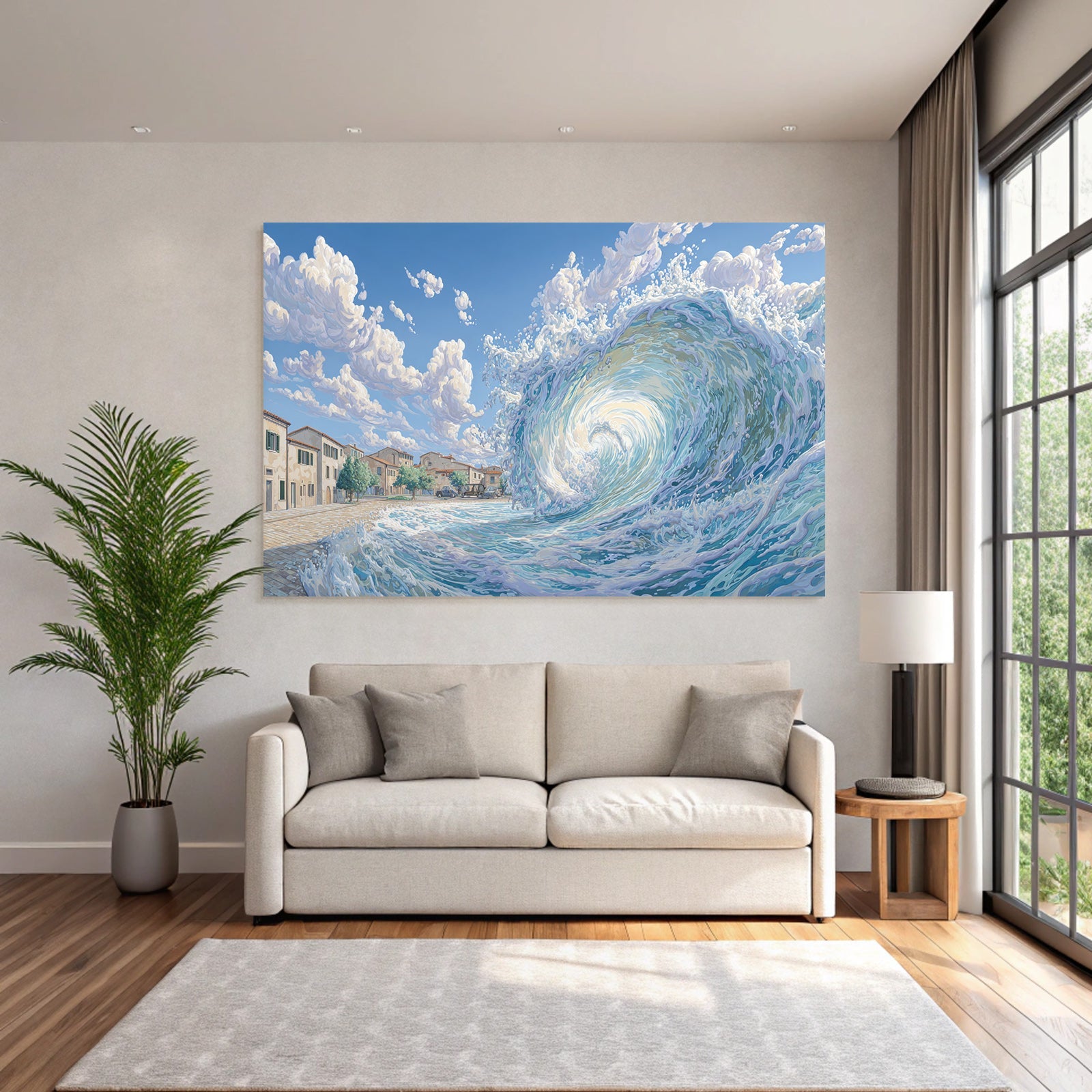 Küstenlandschaft Welle Und Stadt Szene Realismus Fantasie