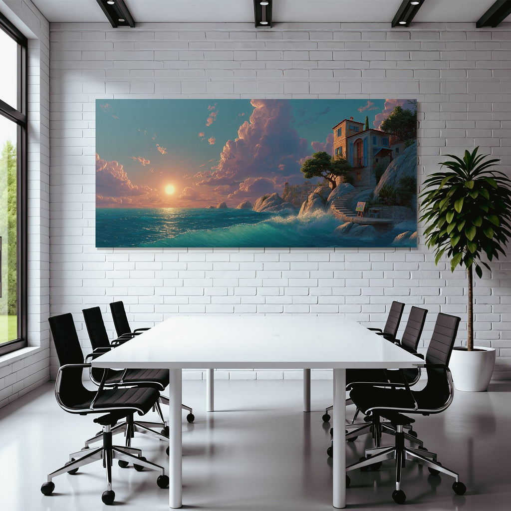 Küstenszene Bei Sonnenuntergang Mit Haus Am Kliff Und Easel