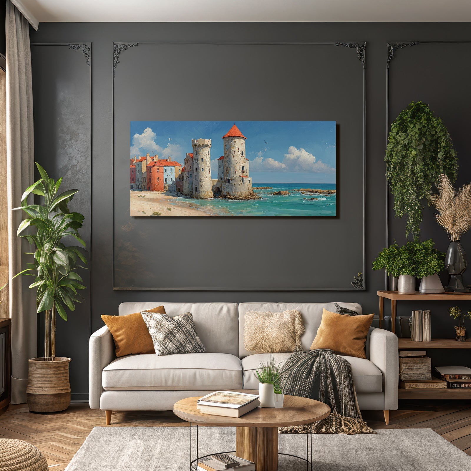 Küstenszene Farbige Gebäude Und Türme Am Meer