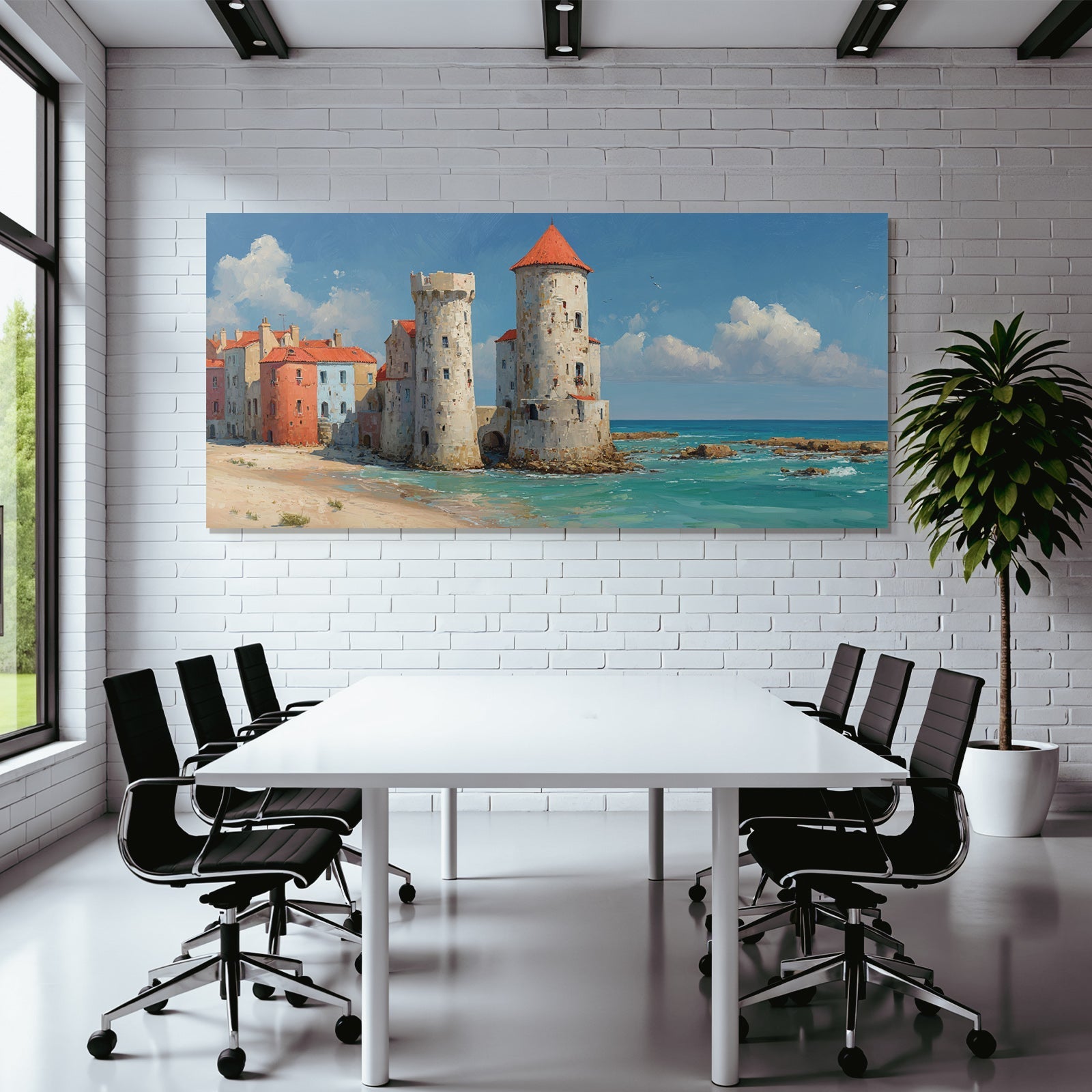 Küstenszene Farbige Gebäude Und Türme Am Meer