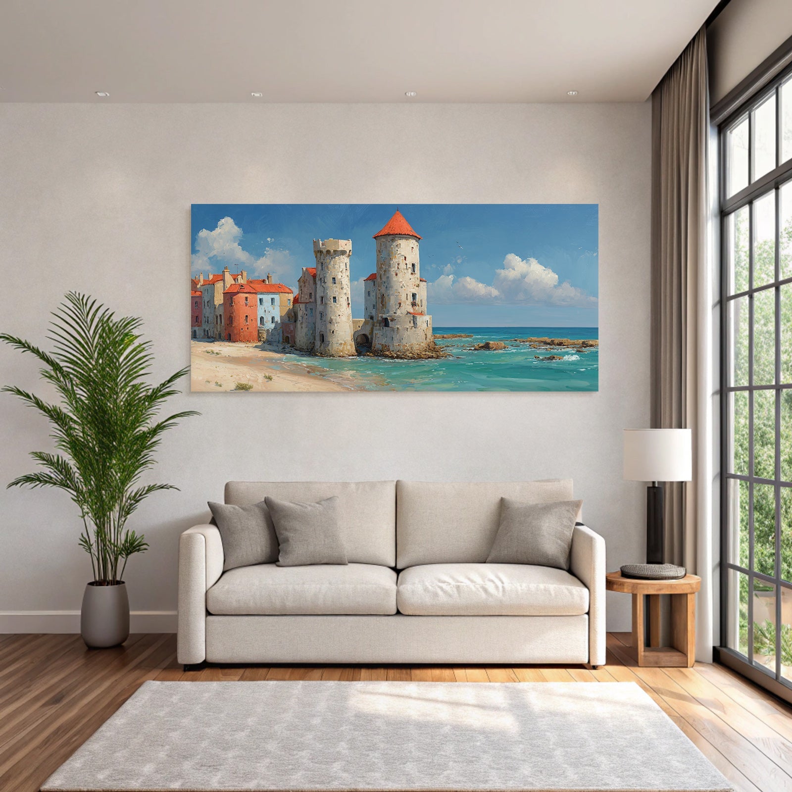 Küstenszene Farbige Gebäude Und Türme Am Meer