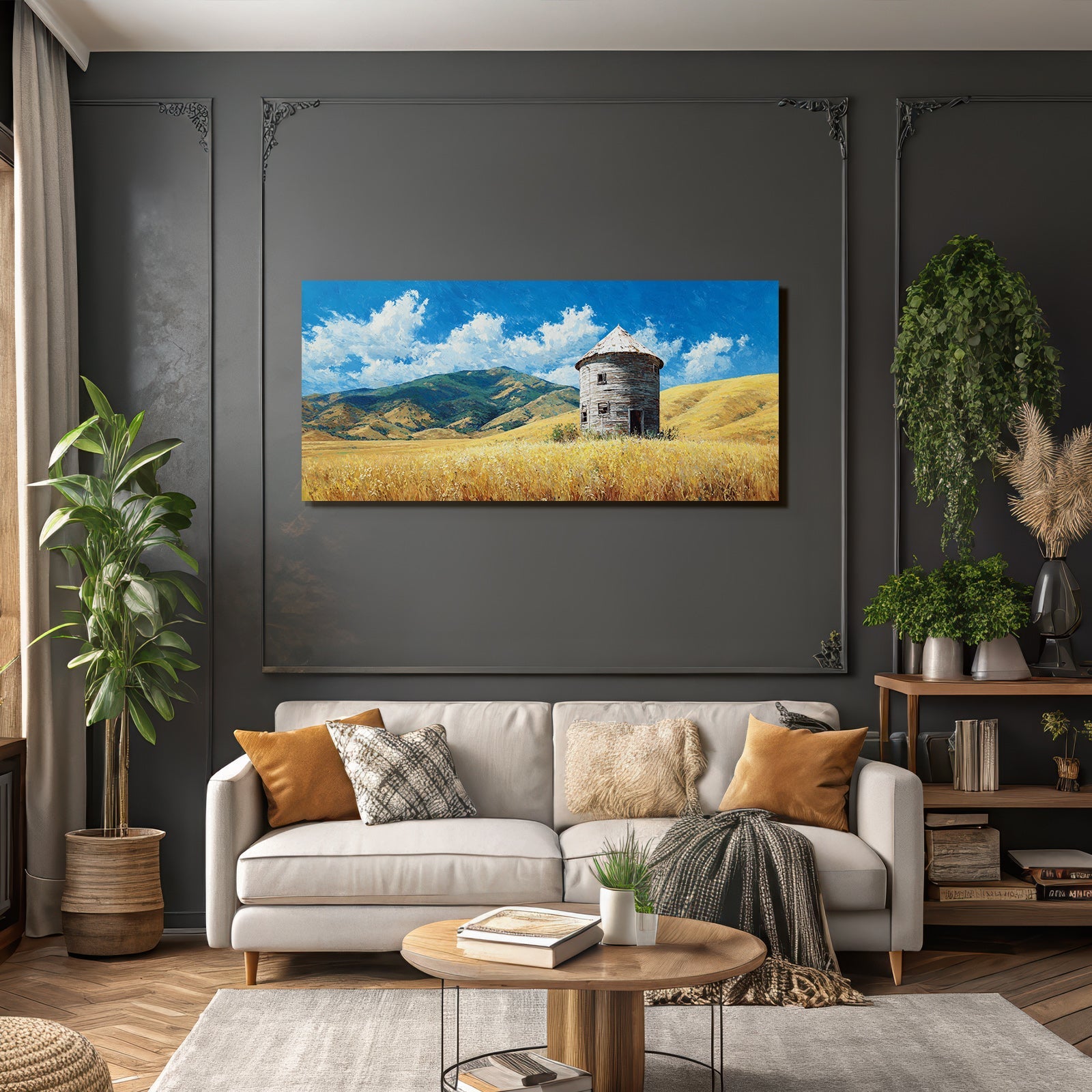 Ländliche Landschaft Runder Holzturm Golden Felder Hügelig Blaür Himmel