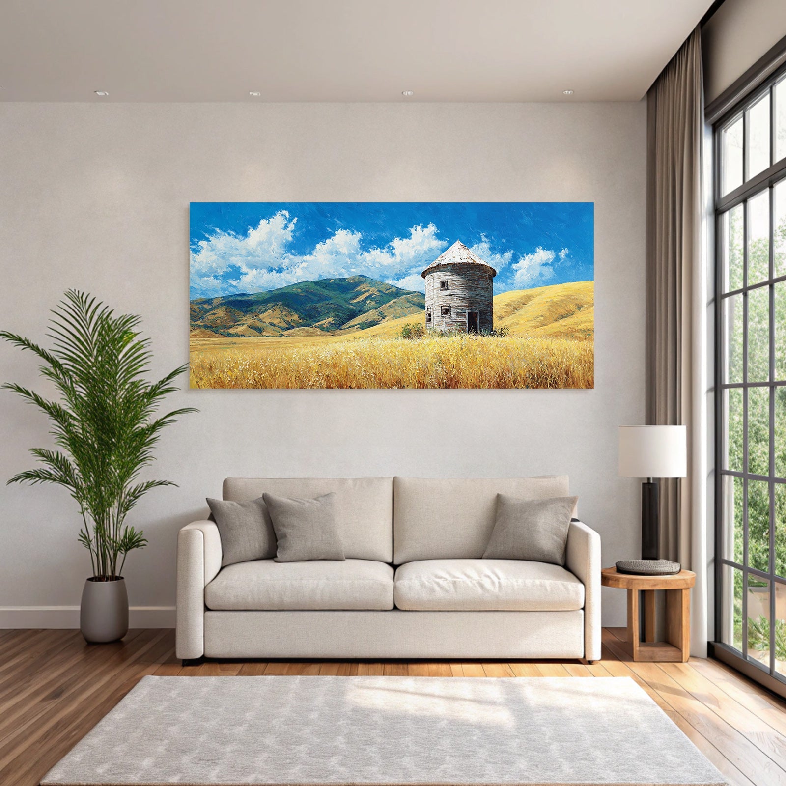 Ländliche Landschaft Runder Holzturm Golden Felder Hügelig Blaür Himmel