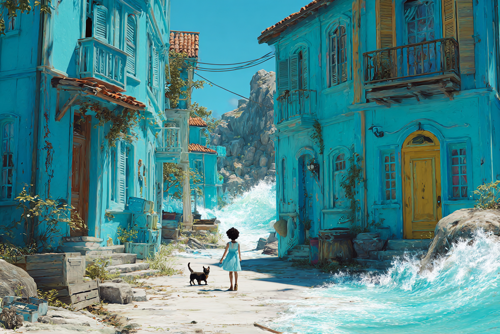 Lebendige Fantasie Strassenszene Mädchen Mit Katze Und Wasser Hintergrund | Humor und Schraeges | Themen und Hobbys