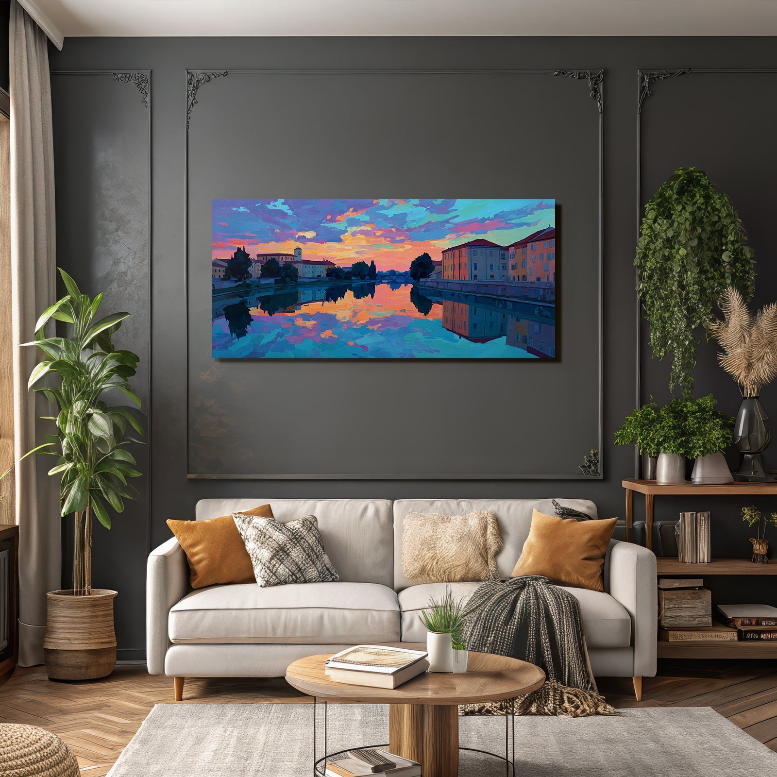 Lebendige Flusslandschaft Beim Sonnenuntergang Impressionistisch