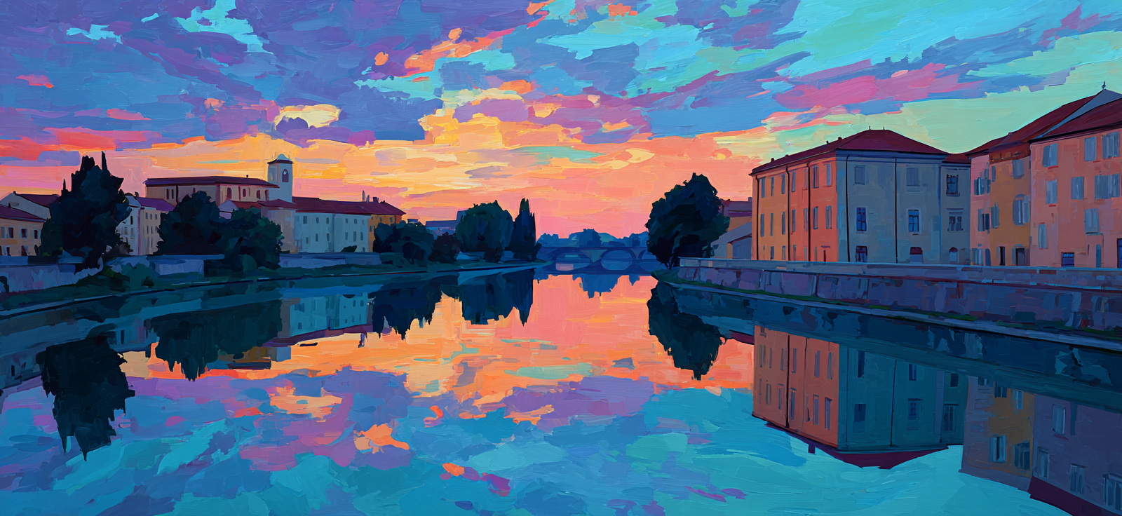 Lebendige Flusslandschaft Beim Sonnenuntergang Impressionistisch | Humor und Schraeges | Themen und Hobbys