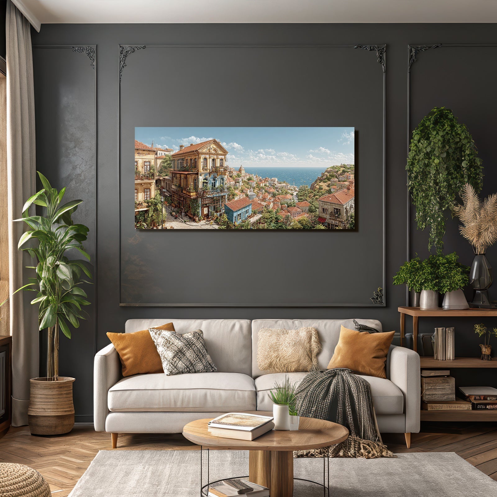 Malerische Küstenstadt Strassen Farbenfrohe Gebäude Meerblick Sonntags Idylle