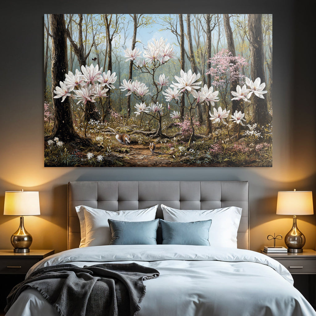 Quiet forest with flowers and animals in spring