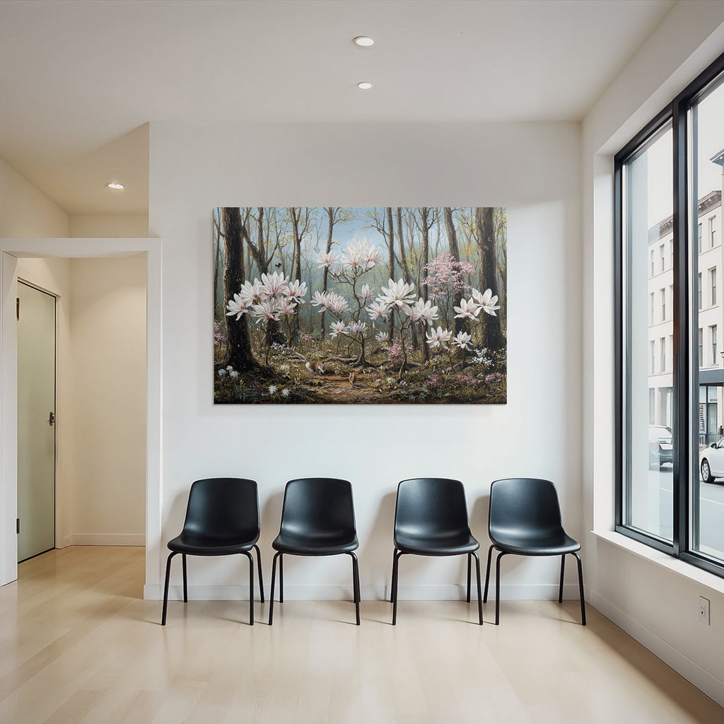Quiet forest with flowers and animals in spring