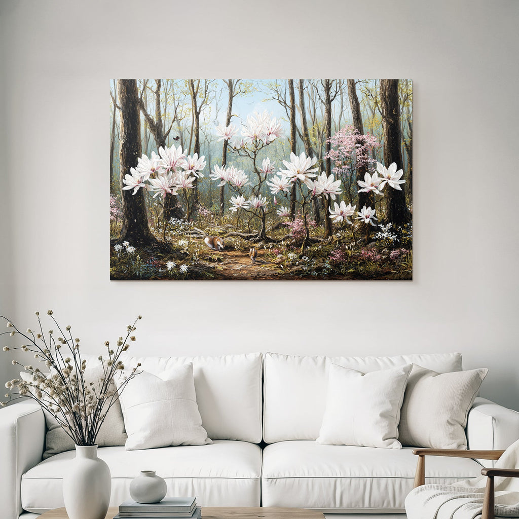 Quiet forest with flowers and animals in spring