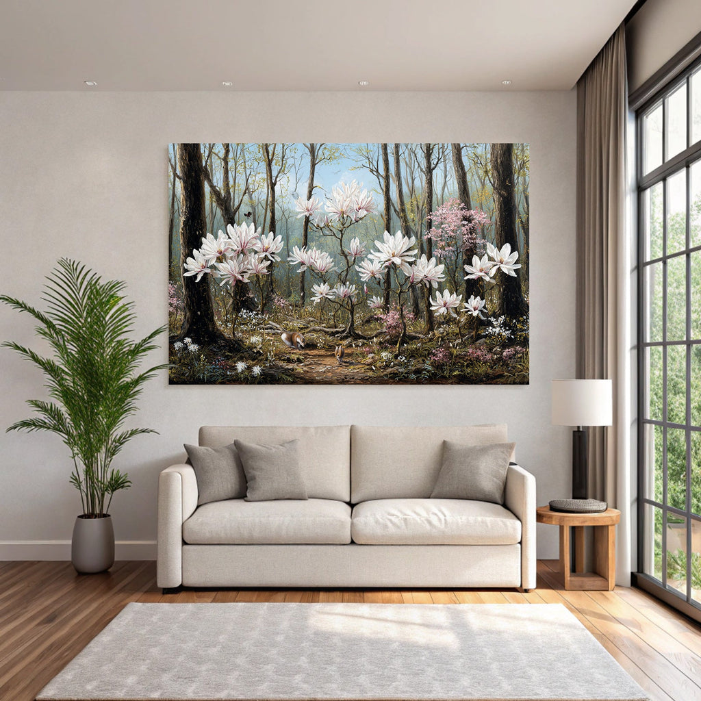 Quiet forest with flowers and animals in spring
