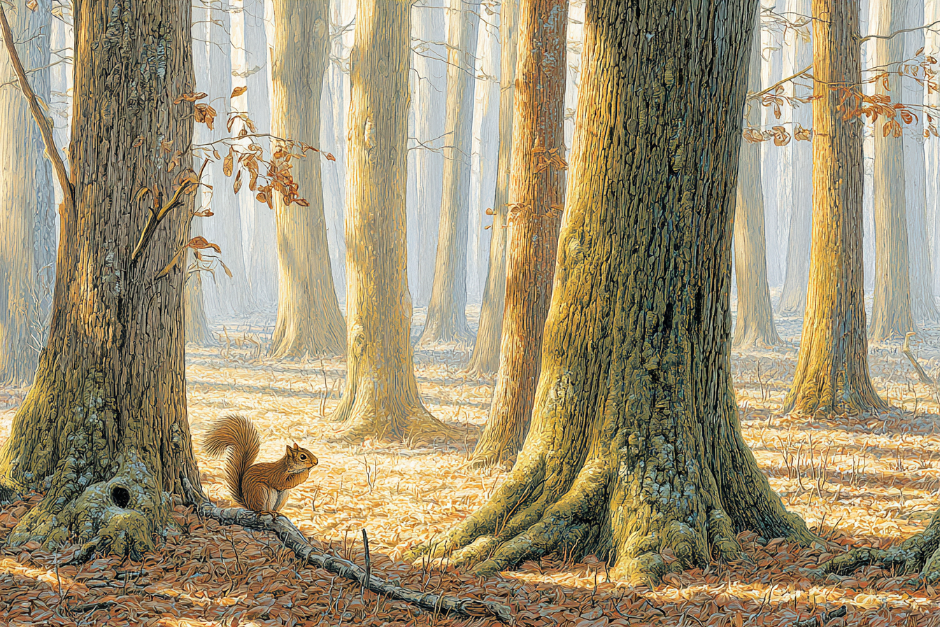 Ruhiger Wald Mit Nebel Und Einem Eichhörnchen | Humor und Schraeges | Themen und Hobbys