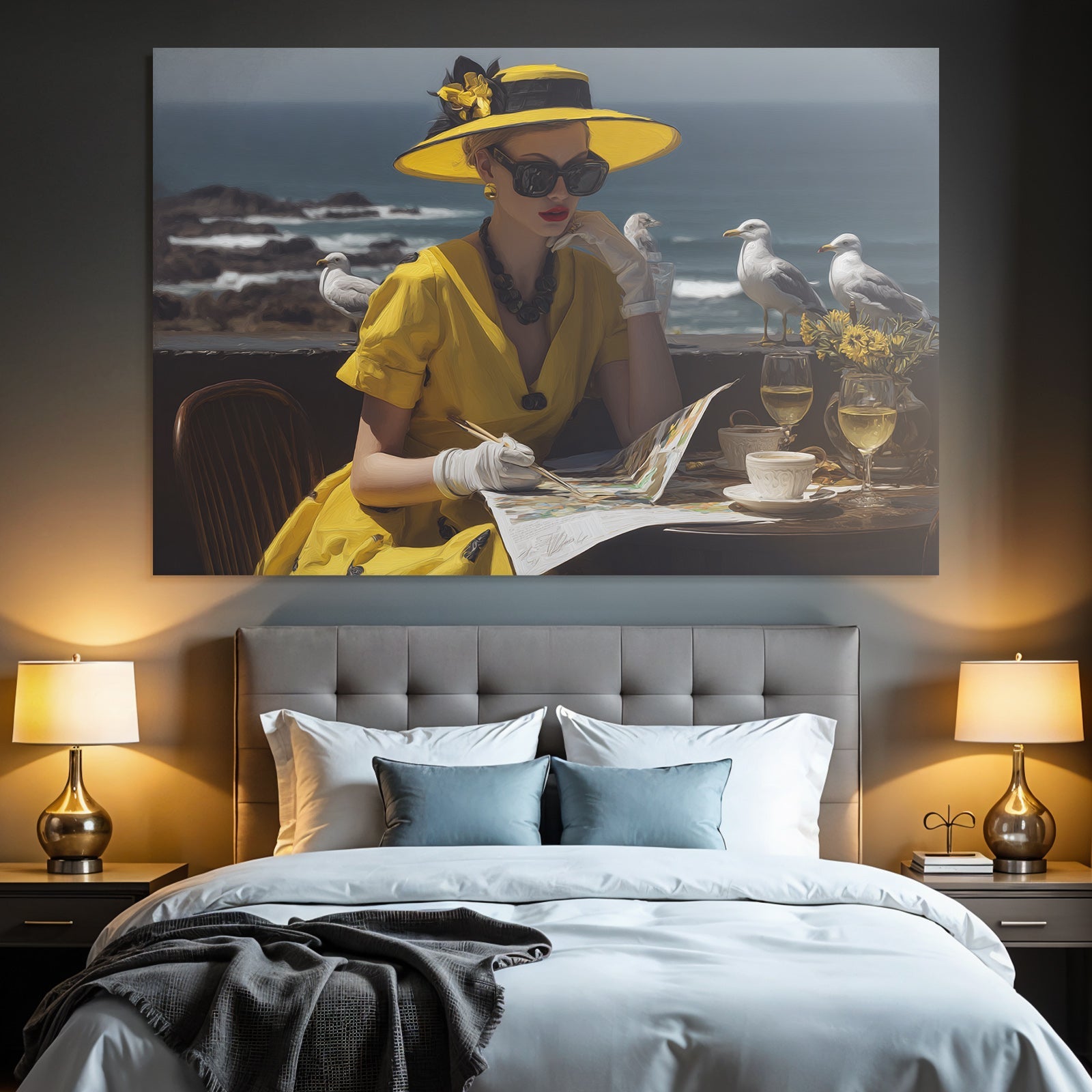 Stilvolle Frau Im Gelben Kleid Mit Hut Am Strand Bei Der Kunst