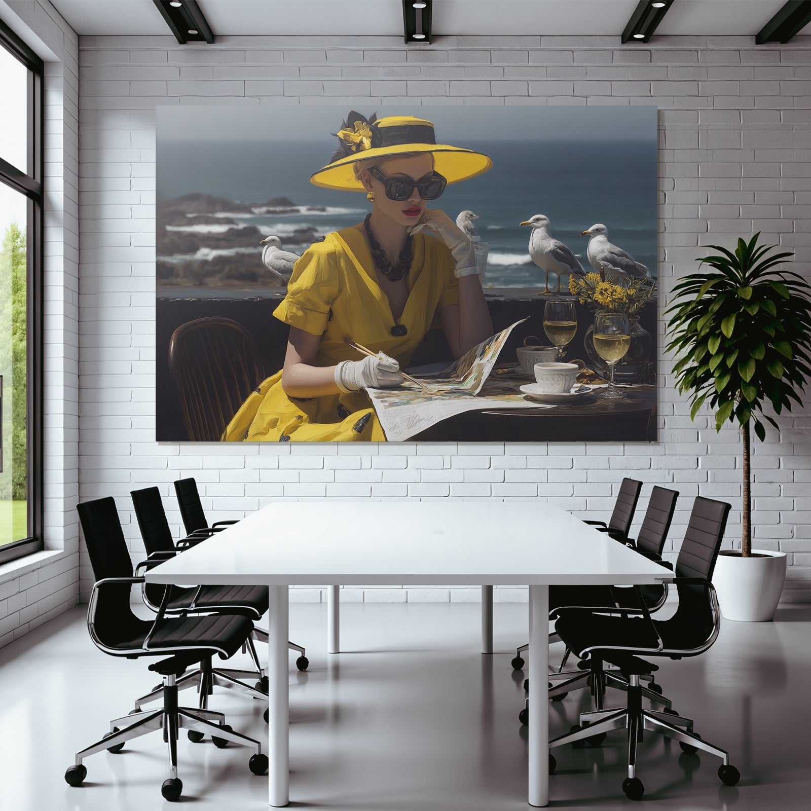 Stilvolle Frau Im Gelben Kleid Mit Hut Am Strand Bei Der Kunst
