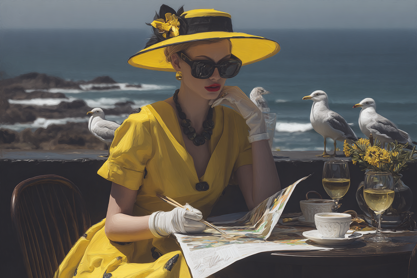 Stilvolle Frau Im Gelben Kleid Mit Hut Am Strand Bei Der Kunst | Humor und Schraeges | Themen und Hobbys