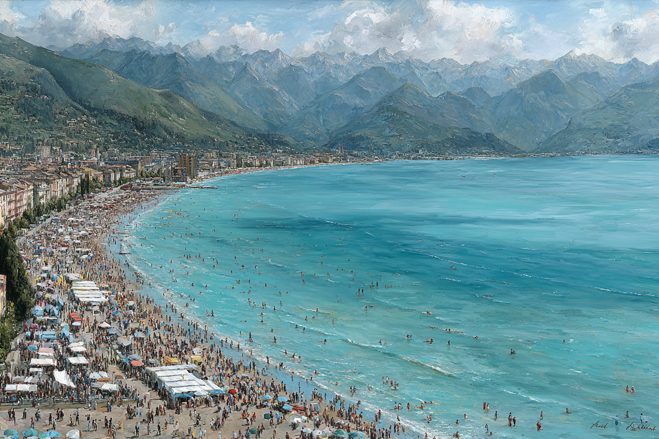 Strandlandschaft Mit Menschen Am Meer Mit Bergen Im Hintergrund | Humor und Schraeges | Themen und Hobbys