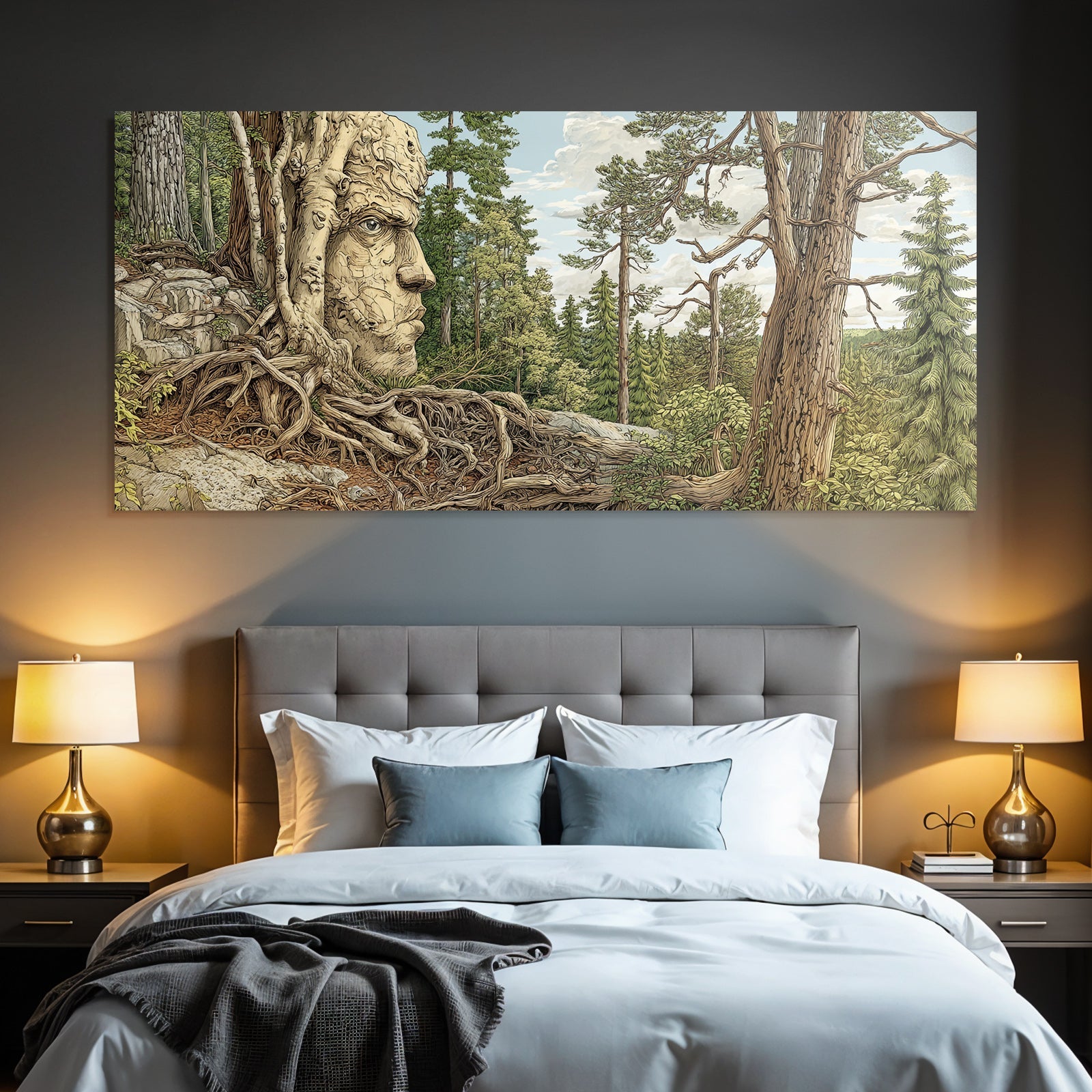 Surreale Landschaft Naturgesicht Skulptur Aus Bäumen Und Folgen
