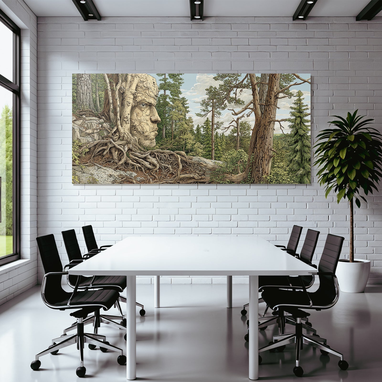 Surreale Landschaft Naturgesicht Skulptur Aus Bäumen Und Folgen