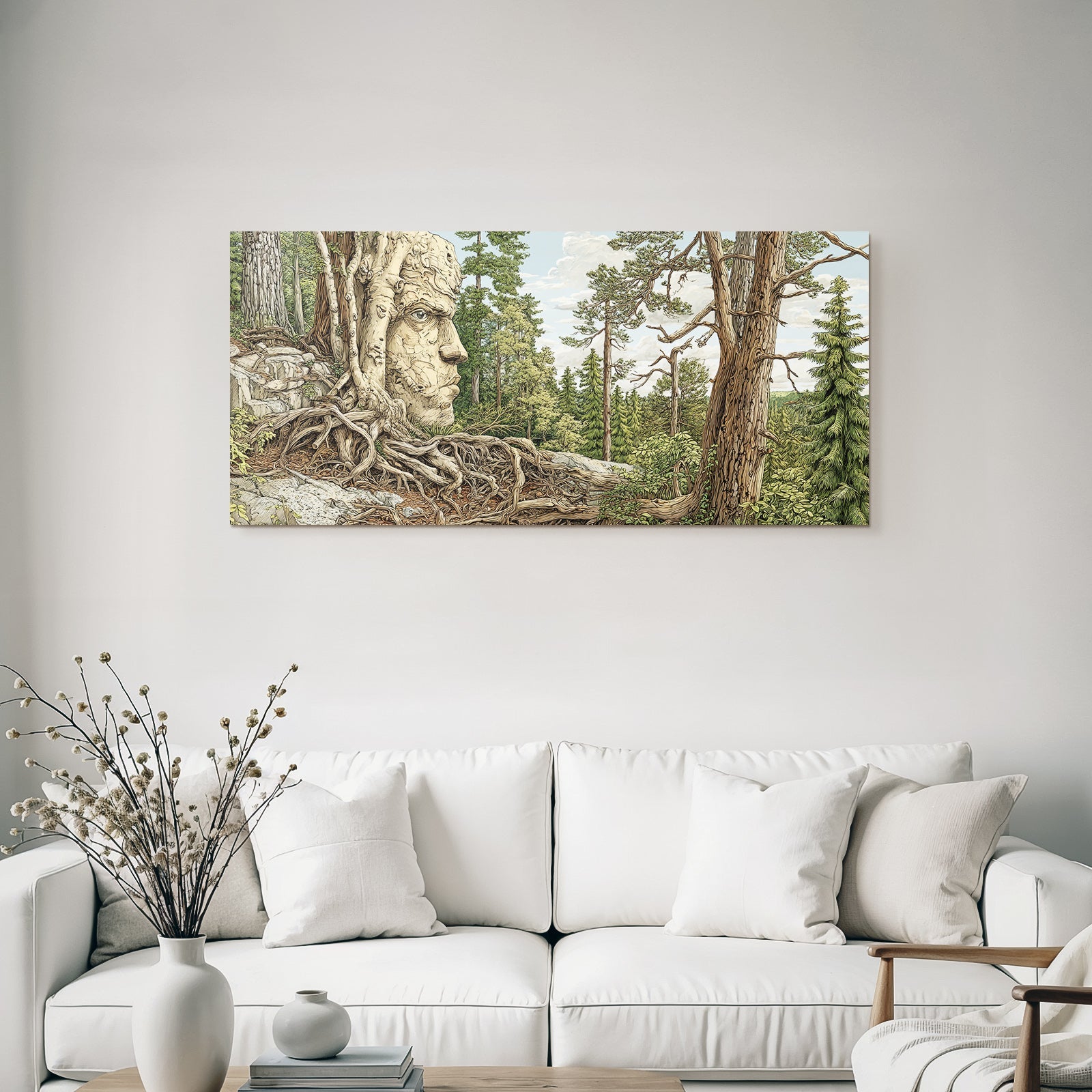 Surreale Landschaft Naturgesicht Skulptur Aus Bäumen Und Folgen